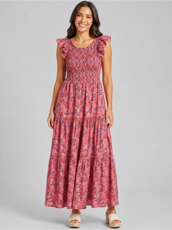 MELLODAY Dresses & Skirts - Melloday L Pink Floral Smocked Ruffle Tiered Maxi Dress Cottagecore Romantic